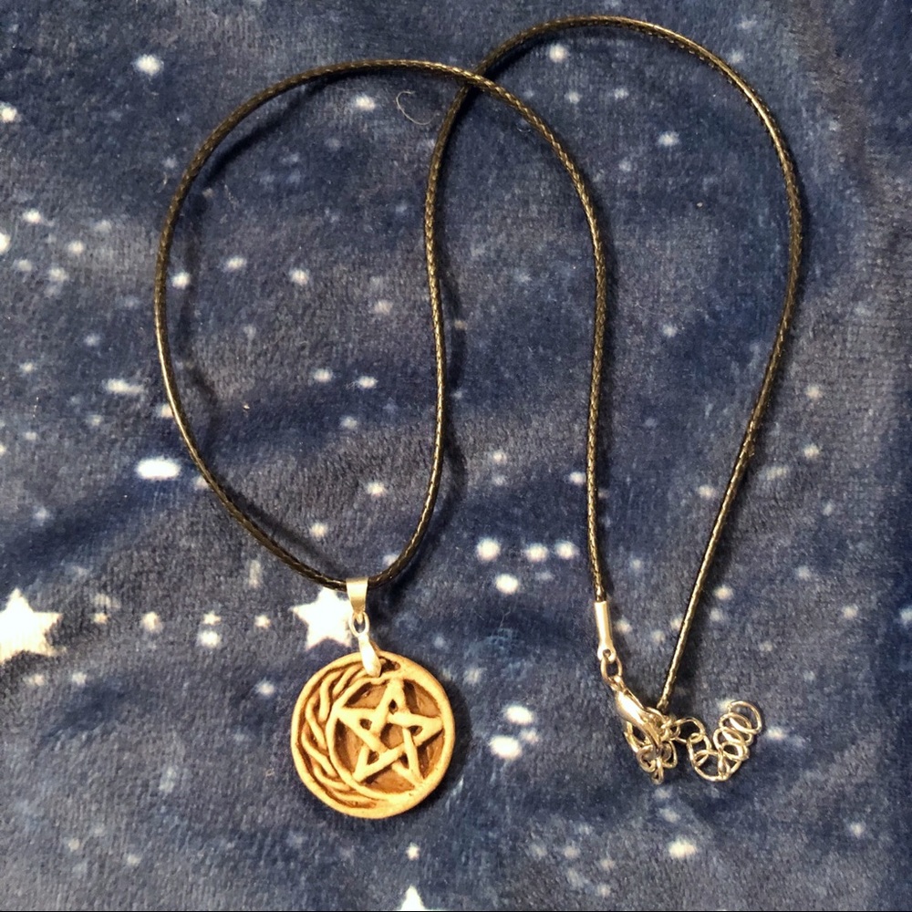 Moon and Pentacle Wooden Necklace